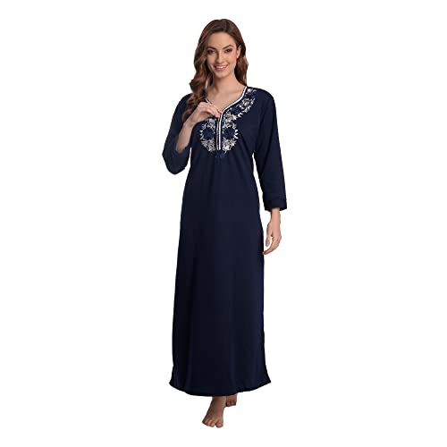 CIERGE Women's Fleece Abstract Print Maxi Length Nighty (CIERGE FLEECE_Blue_Free Size) - Image 1