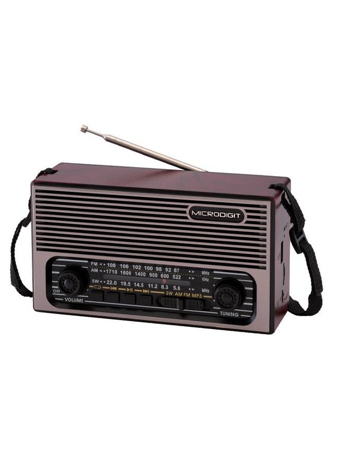 Microdigit - راديو محمول بتقنية البلوتوث من ميكروديجيت MD012R AM/FM/SW/3 راديو محمول مع بطارية قابلة للشحن - Image 1