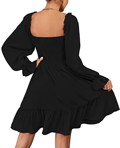 LYANER Women's Square Neck Lantern Long Sleeve Ruffle Shirred Flowy Party Mini Dress Solid Black Large - Image 2