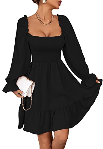 LYANER Women's Square Neck Lantern Long Sleeve Ruffle Shirred Flowy Party Mini Dress Solid Black Large - Image 5