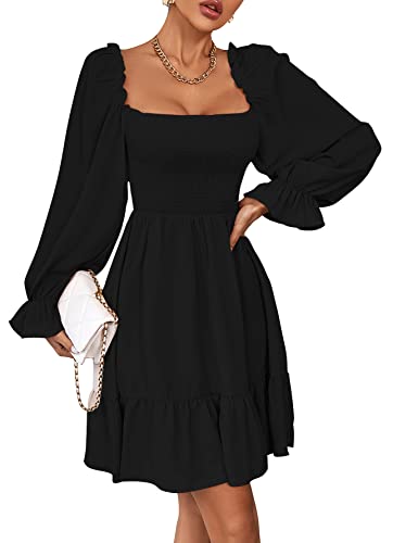 LYANER Women's Square Neck Lantern Long Sleeve Ruffle Shirred Flowy Party Mini Dress Solid Black Large - Image 4
