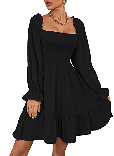 LYANER Women's Square Neck Lantern Long Sleeve Ruffle Shirred Flowy Party Mini Dress Solid Black Large - Image 3