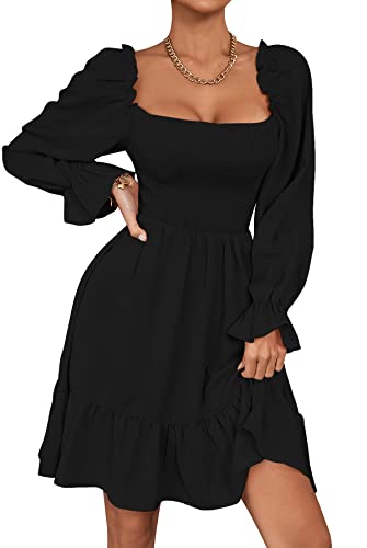 LYANER Women's Square Neck Lantern Long Sleeve Ruffle Shirred Flowy Party Mini Dress Solid Black Large - Image 1