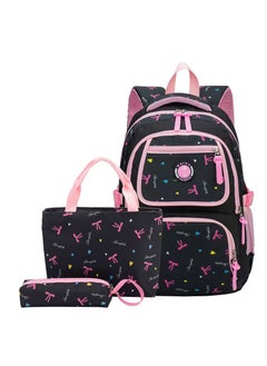 SUNSTAR 3-piece heart and bow print pattern cute and practical backpack set for children/girls, backpack, shoulder bag, and pencil case in dark blue/pink  - Image 1