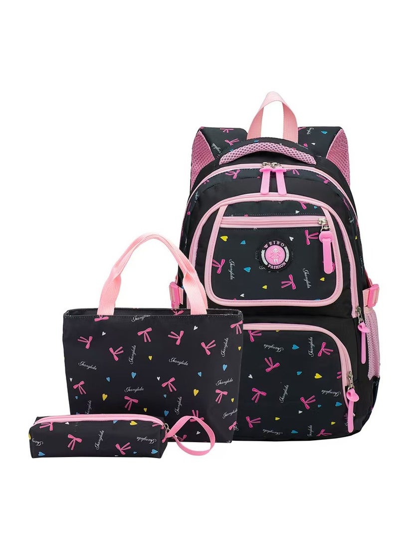 SUNSTAR 3-piece heart and bow print pattern cute and practical backpack set for children/girls, backpack, shoulder bag, and pencil case in dark blue/pink - Image 1