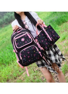 SUNSTAR 3-piece heart and bow print pattern cute and practical backpack set for children/girls, backpack, shoulder bag, and pencil case in dark blue/pink  - Image 2