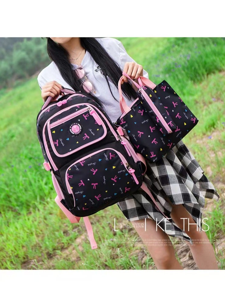 SUNSTAR 3-piece heart and bow print pattern cute and practical backpack set for children/girls, backpack, shoulder bag, and pencil case in dark blue/pink - Image 2