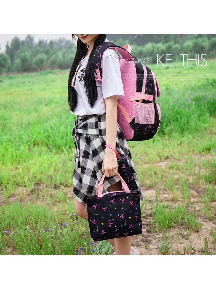 SUNSTAR 3-piece heart and bow print pattern cute and practical backpack set for children/girls, backpack, shoulder bag, and pencil case in dark blue/pink - Image 3