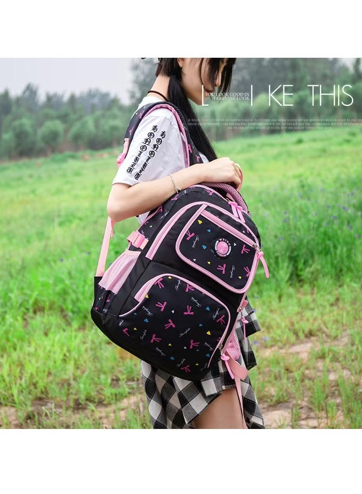 SUNSTAR 3-piece heart and bow print pattern cute and practical backpack set for children/girls, backpack, shoulder bag, and pencil case in dark blue/pink - Image 4