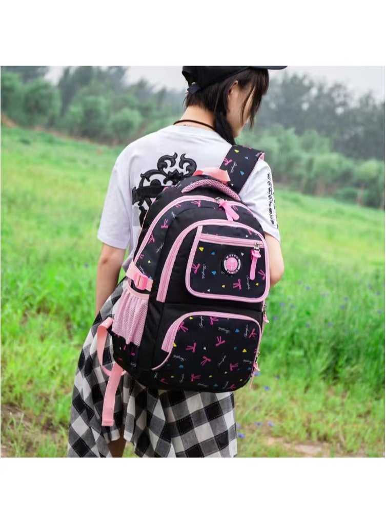 SUNSTAR 3-piece heart and bow print pattern cute and practical backpack set for children/girls, backpack, shoulder bag, and pencil case in dark blue/pink - Image 5