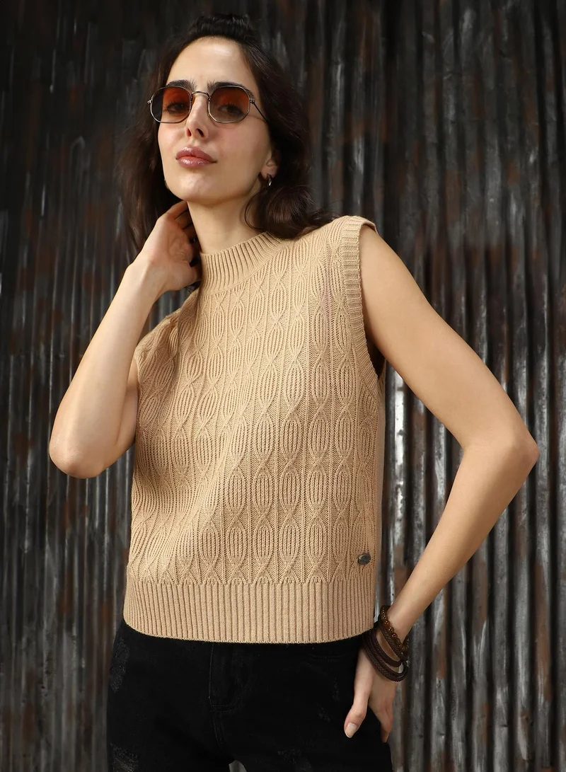 HIGH STAR Women's Beige 100% Acrylic Solid Sweater
