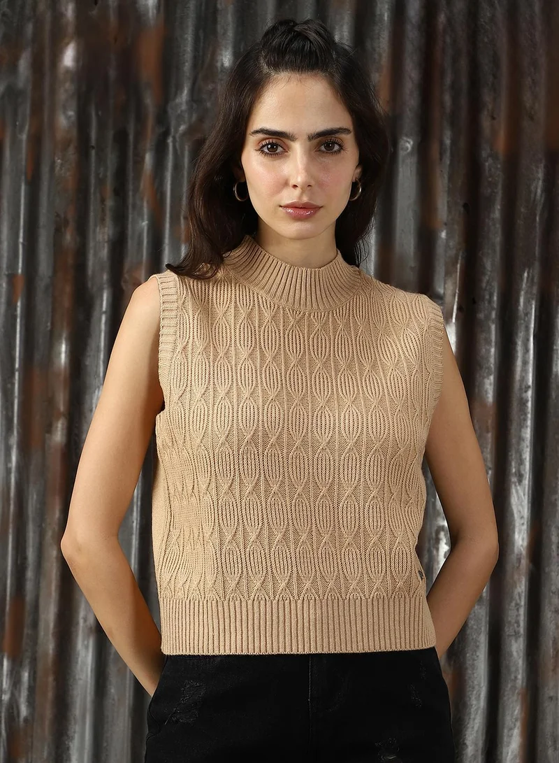 HIGH STAR Women's Beige 100% Acrylic Solid Sweater