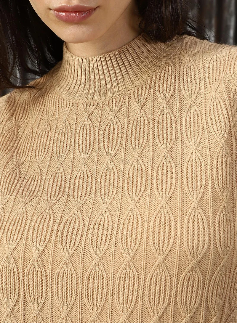 HIGH STAR Women's Beige 100% Acrylic Solid Sweater