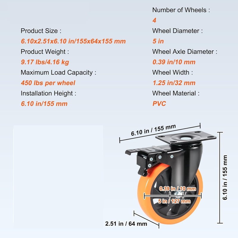 4 قطع عجلات دوارة مقاس 5 بوصة مع عجلات PVC قابلة للقفل بدون ضوضاء للأثاث - Image 3