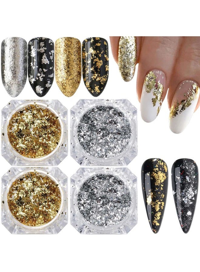 FUMIHIT Holographic Nail Foil Glitter Flakes 3D Sparkly Aluminum Foil Flake Gold Silver Nail Glitter Foil Flakes Nail Art Supplies Mirror Powder Sequins Nail Glitter for Acrylic Nails Design (4Boxes) - Image 1