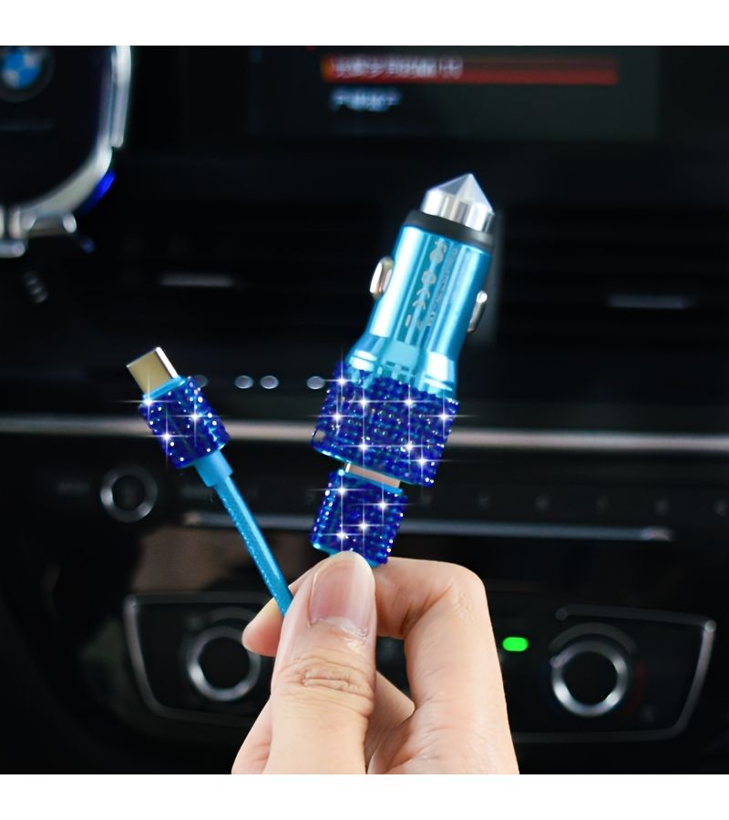 Blue Dual Port Car Charger Adapter 5V 3.1A Fast Charge With Blue Data Cable - Image 1