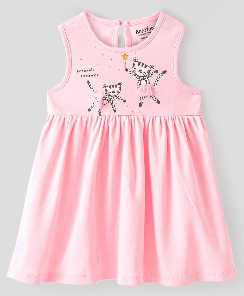 Bonfino Bonfino 100% Cotton Knit Sleeveless Frock With Bloomer Cheetah Print - Pink