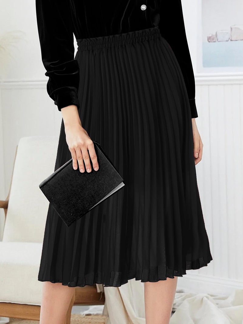 GOOBGS Women's Pleated A-Line High Waist Swing Flare Midi Skirt Black XX-Large/XXX-Large - Image 2