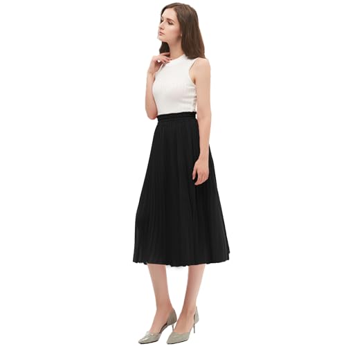 GOOBGS Women's Pleated A-Line High Waist Swing Flare Midi Skirt Black XX-Large/XXX-Large - Image 3