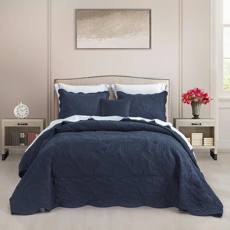 HZ HY غطاء سرير ملكي كبير الحجم 128x120 غطاء لحاف مخيط عريض مجموعة بياضات خفيفة رقيقة قابلة للعكس فاخرة 5 قطع 100 ميكروفايبر أزرق داكن