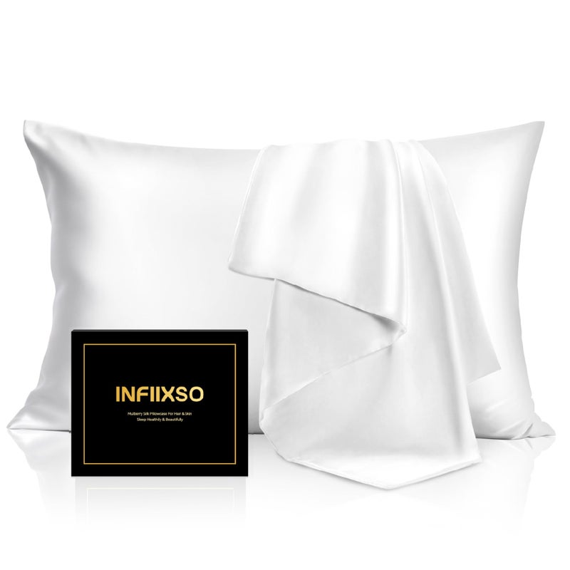 INFIIXSO Mulberry Silk Pillowcase for Hair and Skin Silk Pillow Cases Standard Size Set of 2 with Hidden Zipper 20x26 Inches Ultra Smooth and Soft Cooling Pillow Cases for Hot SleepersWhite2 Pack