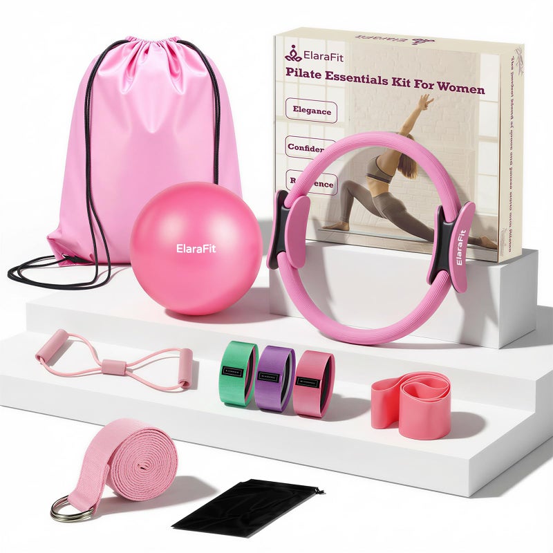 ElaraFit Home Pilates Ring and Ball Set for Women with 5 Resistance Bands 13 inch Magic Circle Workout Starter Kit for Beginners Full Body Toning 15 Min Daily Routine,Pink Mix - Image 5