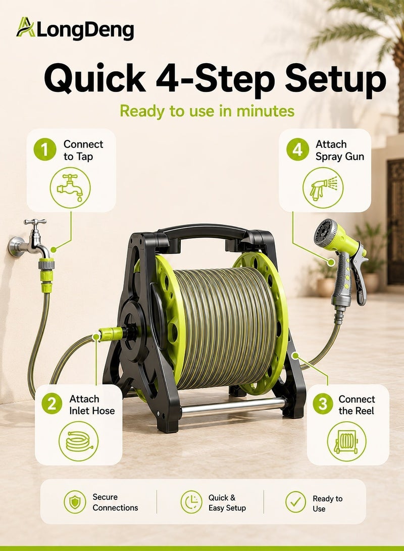 ALongDeng 30M Garden Hose Reel Set Water Hose Holder with 8 Types Water Gun and 2M Hoses Spray Heads Garden Hose Reel Kit  for Household Garden Watering Car Wash - Image 4