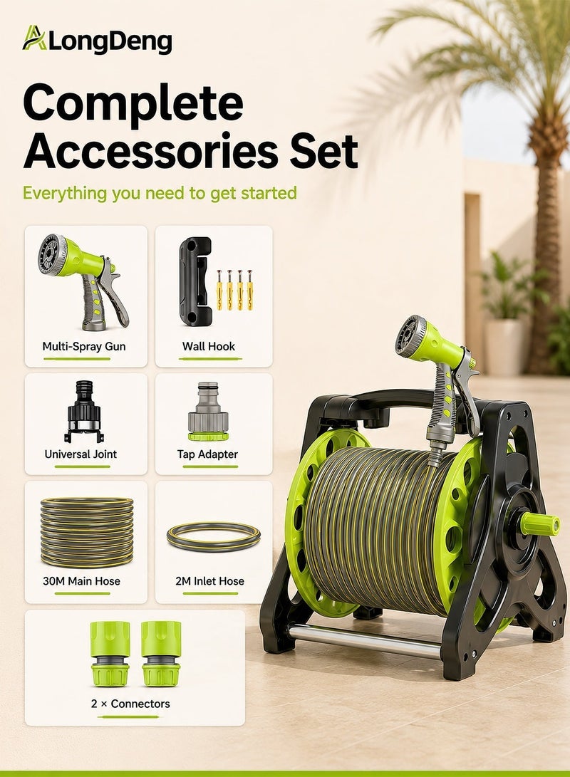 ALongDeng 30M Garden Hose Reel Set Water Hose Holder with 8 Types Water Gun and 2M Hoses Spray Heads Garden Hose Reel Kit  for Household Garden Watering Car Wash - Image 2