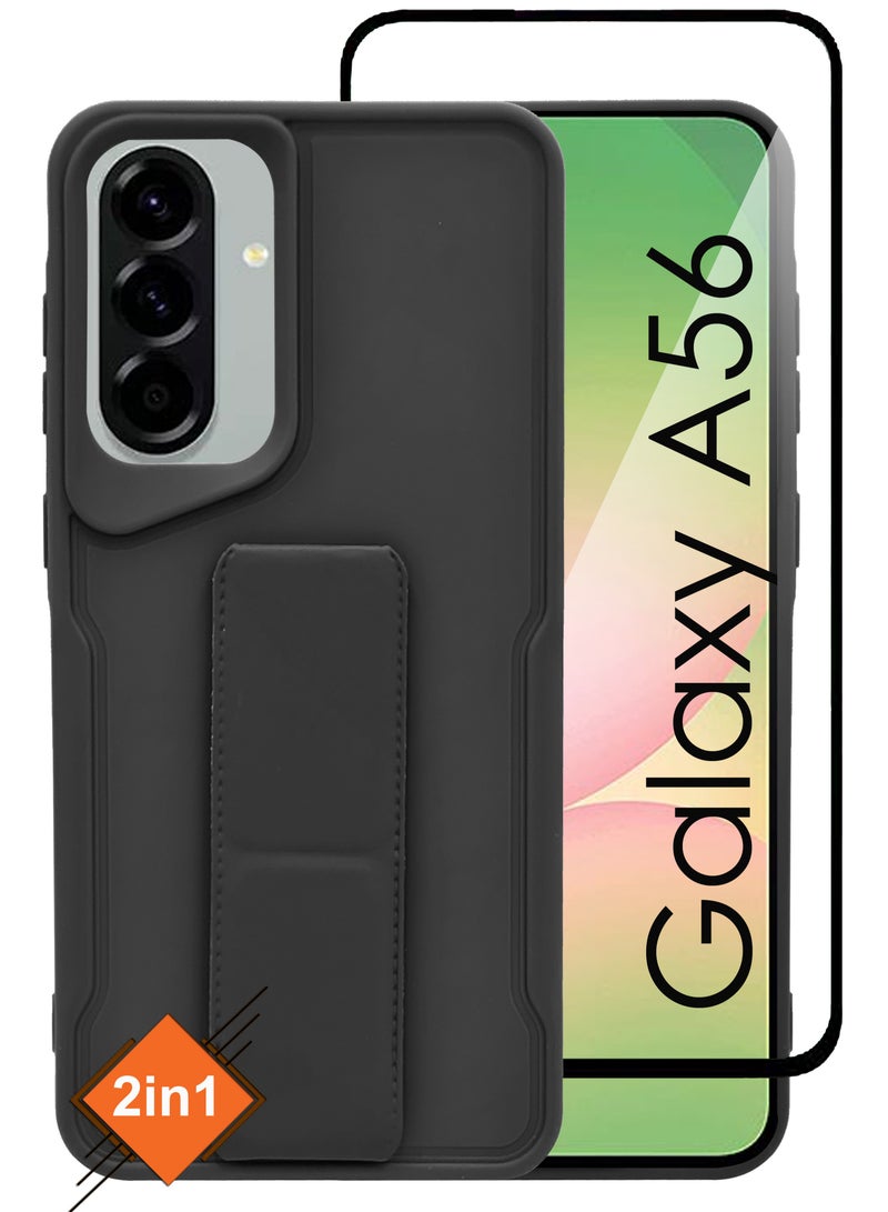For Samsung Galaxy A56 - Hard Silicone Magnetic Back Stand Case  With Foldable Kickstand & Finger Strap + Tempered Glass Screen Protector  - Black - Image 1