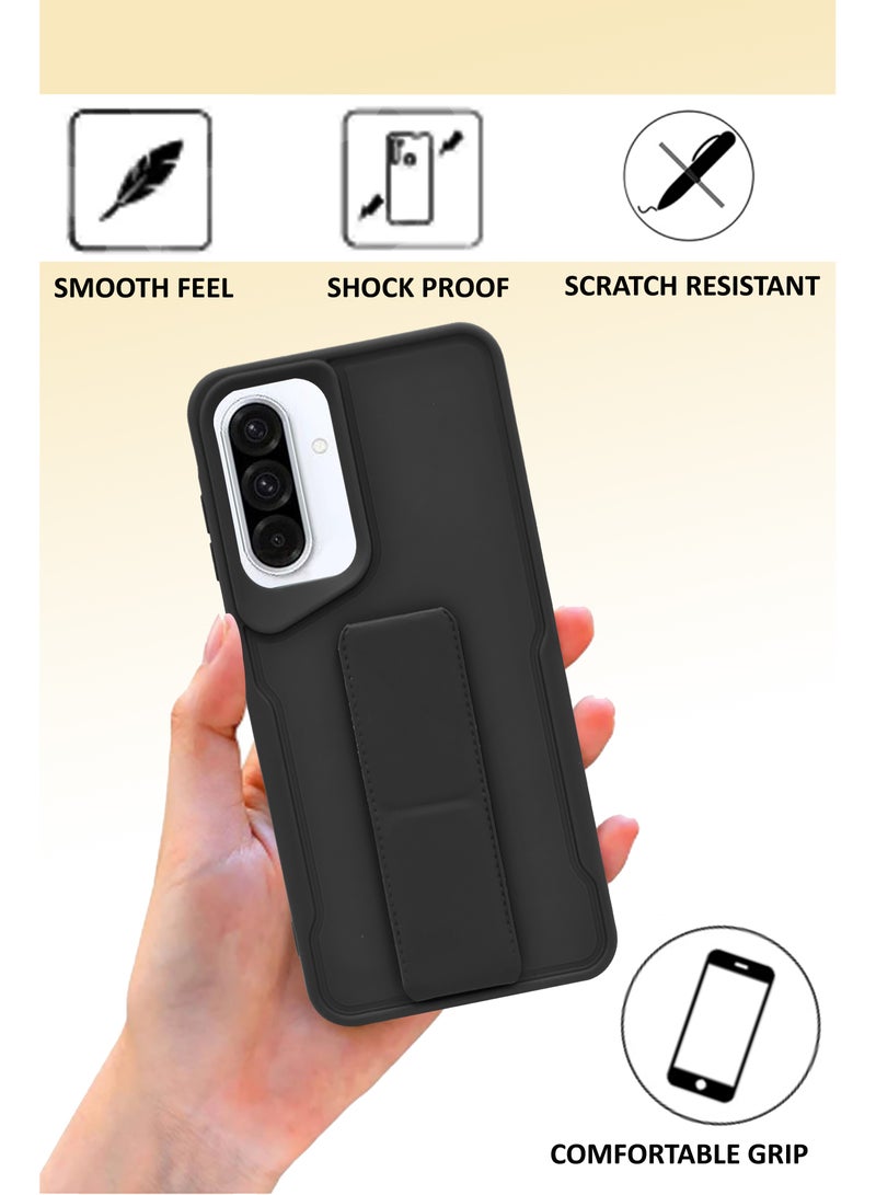 For Samsung Galaxy A56 - Hard Silicone Magnetic Back Stand Case  With Foldable Kickstand & Finger Strap + Tempered Glass Screen Protector  - Black - Image 2