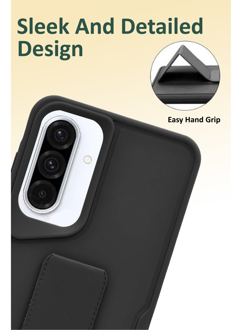 For Samsung Galaxy A56 - Hard Silicone Magnetic Back Stand Case  With Foldable Kickstand & Finger Strap + Tempered Glass Screen Protector  - Black - Image 4