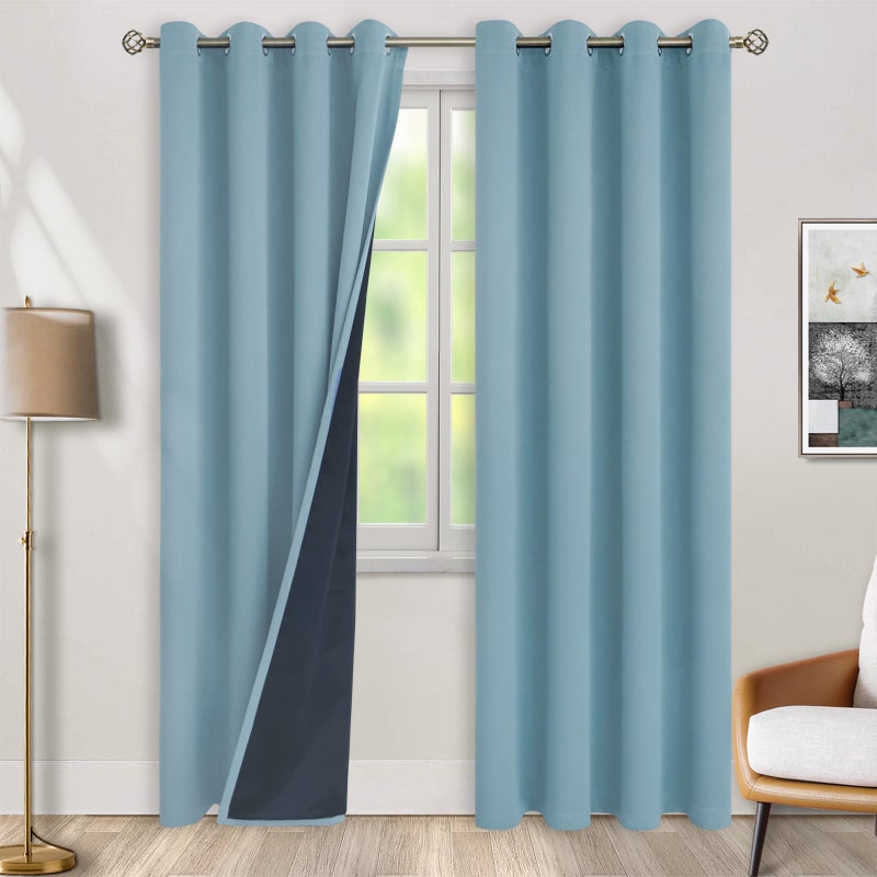 BGment Thermal Insulated 100% Blackout Curtains for Bedroom with Black Liner  Double Layer Full Room Darkening Noise Reducing Grommet Curtain (52 x 90 Inch  Greyish Blue  2 Panels) - Image 1