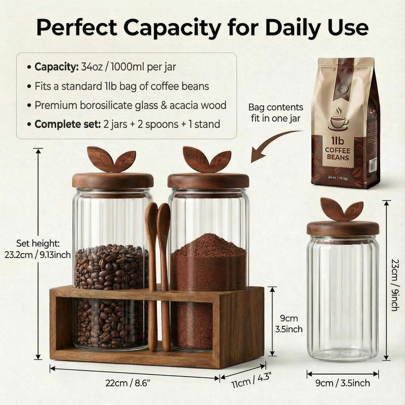 Splotiva Coffee Bar Glass Canister Set â€“ 2 Ã— 34 floz Airtight Glass Jars with Acacia Wood Lids, 2 Acacia Wood Spoons & Acacia Organizer Tray - Image 2