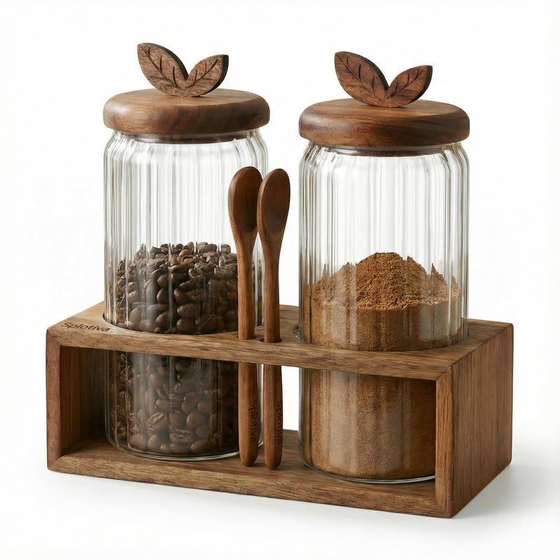Splotiva Coffee Bar Glass Canister Set â€“ 2 Ã— 34 floz Airtight Glass Jars with Acacia Wood Lids, 2 Acacia Wood Spoons & Acacia Organizer Tray - Image 1