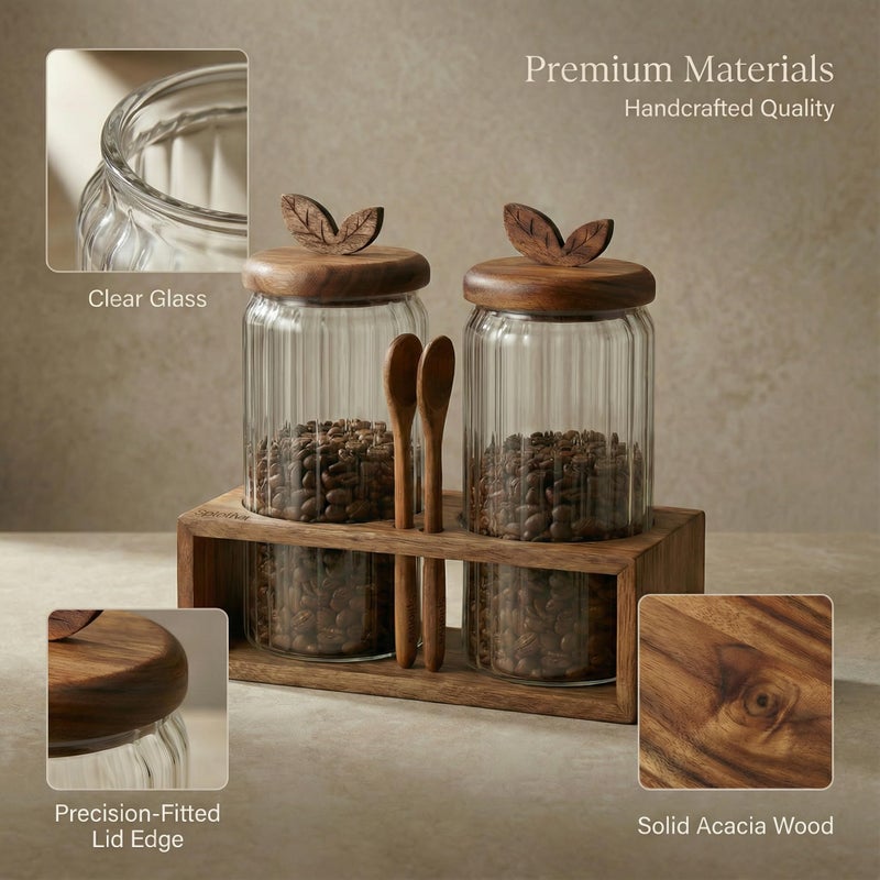 Splotiva Coffee Bar Glass Canister Set â€“ 2 Ã— 34 floz Airtight Glass Jars with Acacia Wood Lids, 2 Acacia Wood Spoons & Acacia Organizer Tray - Image 3