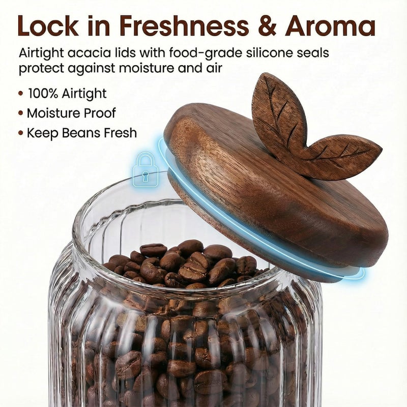 Splotiva Coffee Bar Glass Canister Set â€“ 2 Ã— 34 floz Airtight Glass Jars with Acacia Wood Lids, 2 Acacia Wood Spoons & Acacia Organizer Tray - Image 4