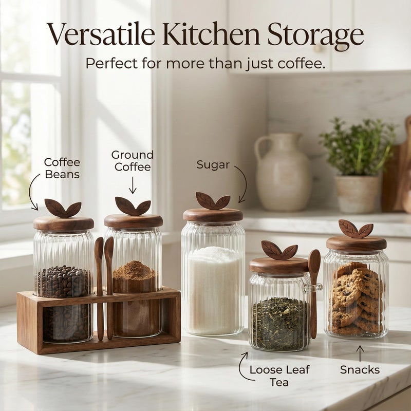 Splotiva Coffee Bar Glass Canister Set â€“ 2 Ã— 34 floz Airtight Glass Jars with Acacia Wood Lids, 2 Acacia Wood Spoons & Acacia Organizer Tray - Image 5