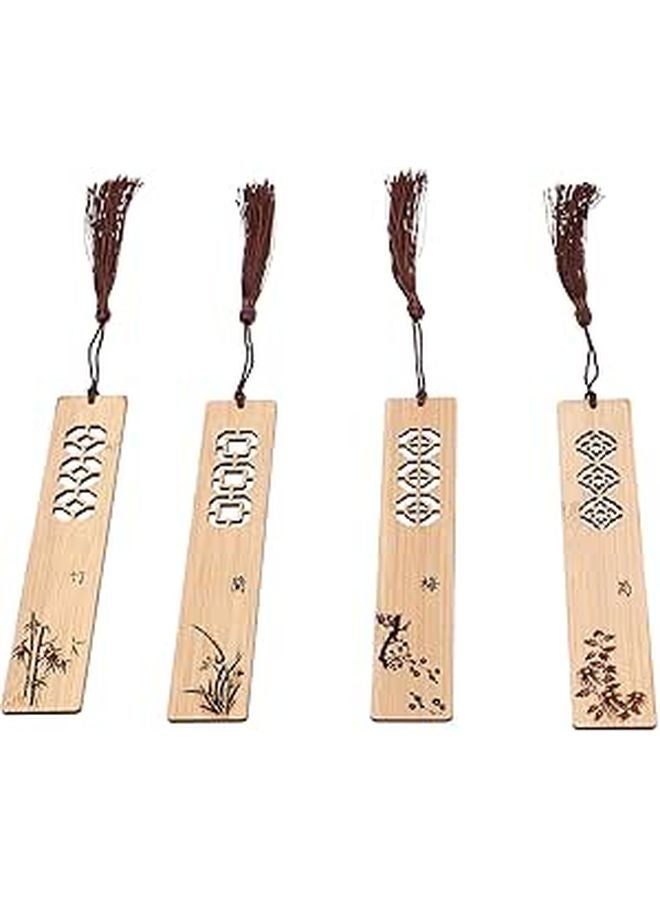 4Pcs Chinese Style Natural Wood Carved Bookmarks with Tassel for Reading Gift Set - Image 1