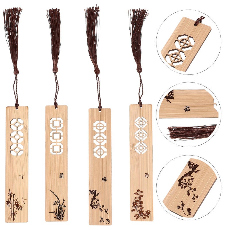 4Pcs Chinese Style Natural Wood Carved Bookmarks with Tassel for Reading Gift Set - Image 4
