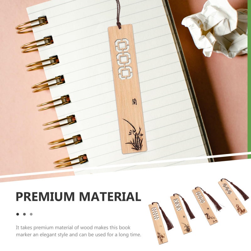 4Pcs Chinese Style Natural Wood Carved Bookmarks with Tassel for Reading Gift Set - Image 5