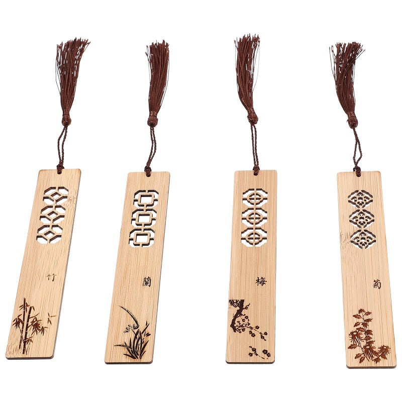 4Pcs Chinese Style Natural Wood Carved Bookmarks with Tassel for Reading Gift Set - Image 2