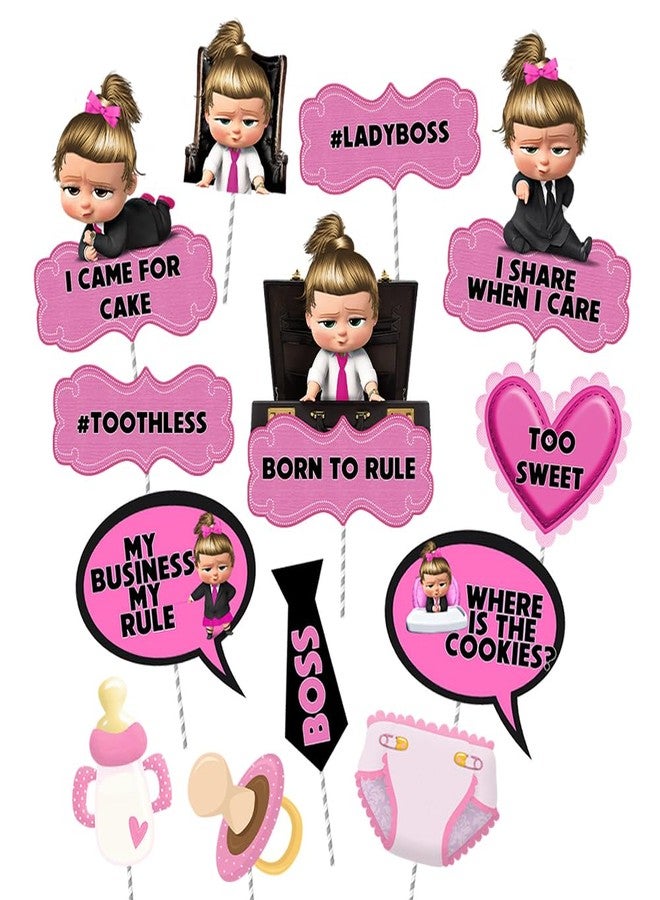Suruchi Strokes Boss Baby Girl Birthday Decorations Theme Party Items | Happy Birthday Return Gift Tag Eye Mask Frill Danglers Cake Topper Photobooth Props Backdrop Cutouts Poster (Handprop) - Image 1