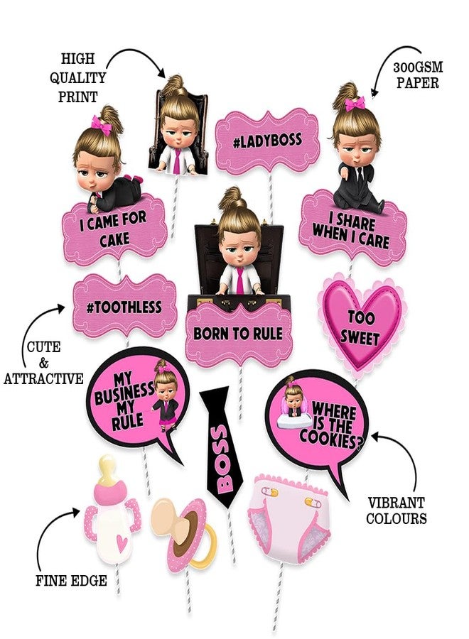 Suruchi Strokes Boss Baby Girl Birthday Decorations Theme Party Items | Happy Birthday Return Gift Tag Eye Mask Frill Danglers Cake Topper Photobooth Props Backdrop Cutouts Poster (Handprop) - Image 3