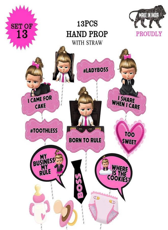 Suruchi Strokes Boss Baby Girl Birthday Decorations Theme Party Items | Happy Birthday Return Gift Tag Eye Mask Frill Danglers Cake Topper Photobooth Props Backdrop Cutouts Poster (Handprop) - Image 2