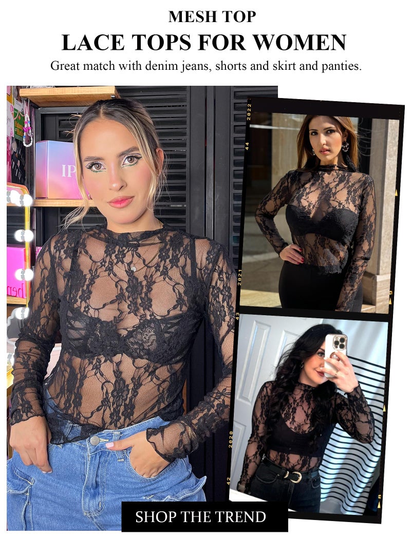 Avidlove Women's Mesh Top Long Sleeve Mock Neck Sheer Blouse See Through Floral Lace Tops Black Medium - Image 4