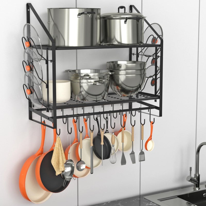 VyGrow 28 Inch Pot Rack Wall Mounted, 2 Tier Pots and Pans Organizer with 20 Hooks and 6 Pot Lid Holders, Heavy Duty Steel Pot and Pan Hanger for Kitchen Cookware Utensils Storage 34.7" Lx13 Wx26.4 H - Image 1