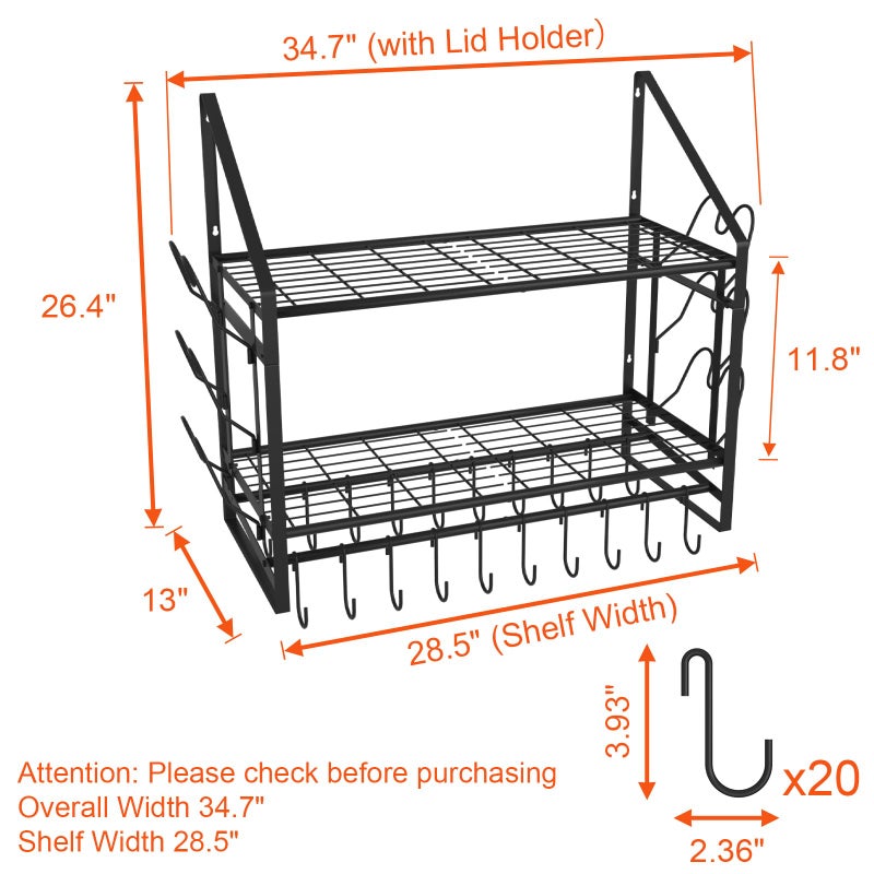 VyGrow 28 Inch Pot Rack Wall Mounted, 2 Tier Pots and Pans Organizer with 20 Hooks and 6 Pot Lid Holders, Heavy Duty Steel Pot and Pan Hanger for Kitchen Cookware Utensils Storage 34.7" Lx13 Wx26.4 H - Image 2