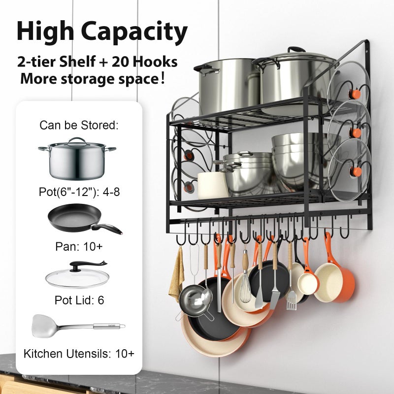 VyGrow 28 Inch Pot Rack Wall Mounted, 2 Tier Pots and Pans Organizer with 20 Hooks and 6 Pot Lid Holders, Heavy Duty Steel Pot and Pan Hanger for Kitchen Cookware Utensils Storage 34.7" Lx13 Wx26.4 H - Image 3