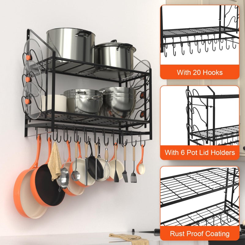 VyGrow 28 Inch Pot Rack Wall Mounted, 2 Tier Pots and Pans Organizer with 20 Hooks and 6 Pot Lid Holders, Heavy Duty Steel Pot and Pan Hanger for Kitchen Cookware Utensils Storage 34.7" Lx13 Wx26.4 H - Image 5