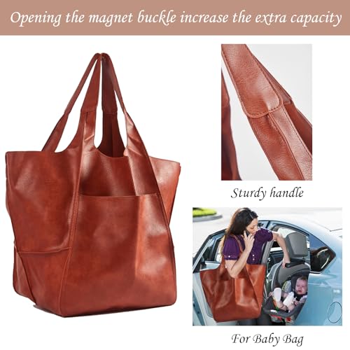 KlaOYer Oversized Leather Tote Bag Large Capacity Work Hobo Pu Leather Bucket Purse And Handbag Big Soft Travel Shopping Bag (Black) - Image 5